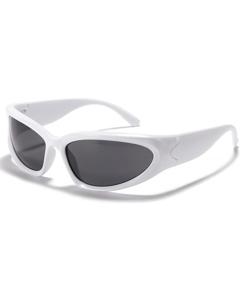 Y2K Wrap Around Sunglasses for Men Women Cool Cyber Glasses Sports Biker Shades Shield (White Frame-Grey Lens) White Frame-gr...