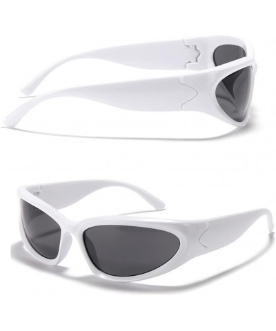 Y2K Wrap Around Sunglasses for Men Women Cool Cyber Glasses Sports Biker Shades Shield (White Frame-Grey Lens) White Frame-gr...