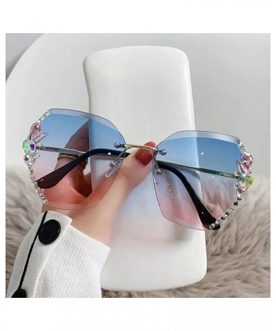 Woman Rimless Diamond Sunglasses,Polygonal Sunglasses UV Protection,Handmade Diamonds Gradual Trend Party Eyewear Blue $12.53...