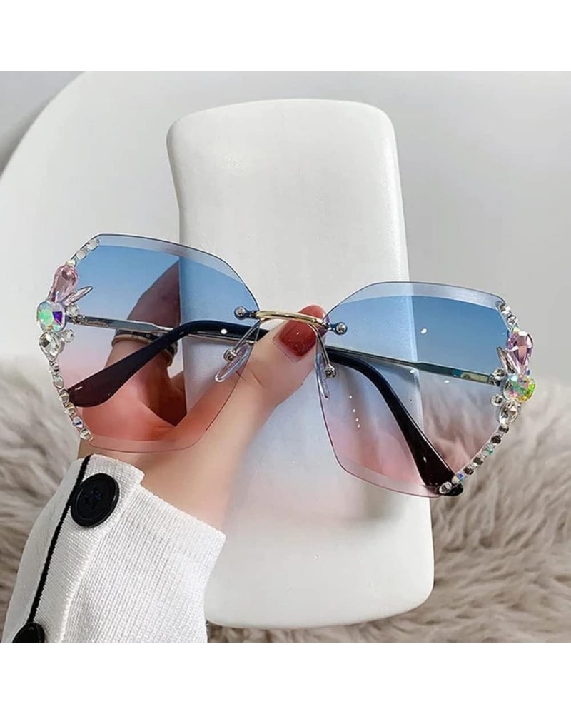 Woman Rimless Diamond Sunglasses,Polygonal Sunglasses UV Protection,Handmade Diamonds Gradual Trend Party Eyewear Blue $12.53...