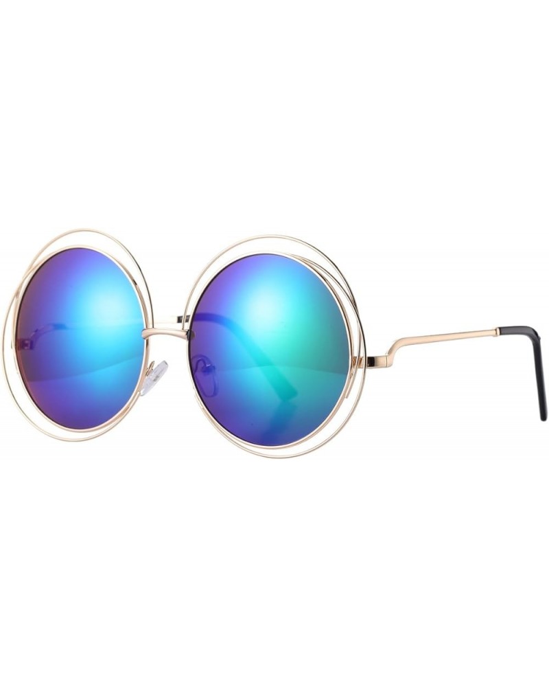 Women's Double Circle Metal Wire Frame Oversized Round Sunglasses Green Mirrored Lens $9.85 Oversized