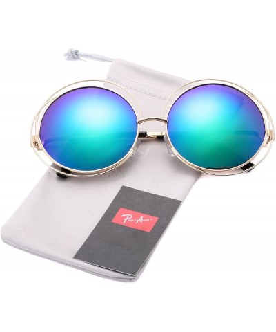 Women's Double Circle Metal Wire Frame Oversized Round Sunglasses Green Mirrored Lens $9.85 Oversized