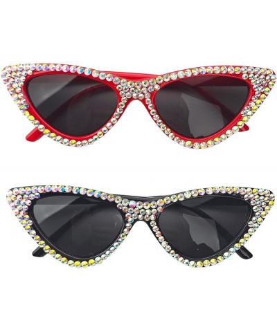 Cute girl Cateye Sunglasses for Women UV400 Protection Cat Eye bling rhinestone party Sun Glasses 2pcs-black&red $17.04 Cat Eye