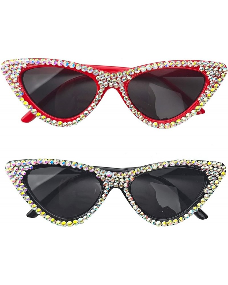 Cute girl Cateye Sunglasses for Women UV400 Protection Cat Eye bling rhinestone party Sun Glasses 2pcs-black&red $17.04 Cat Eye