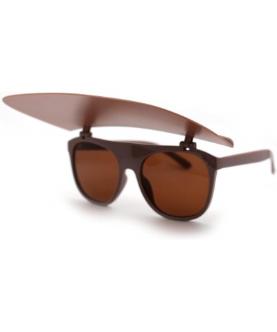 Womens Large Flip Up Visor Flat Top Horn Rim Plastic Sunglasses All Brown $10.80 Designer