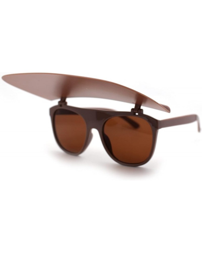 Womens Large Flip Up Visor Flat Top Horn Rim Plastic Sunglasses All Brown $10.80 Designer