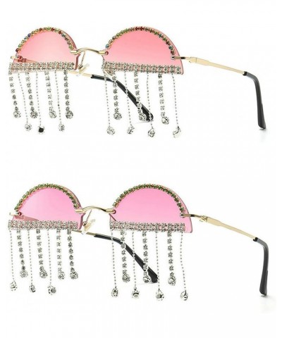 Unique Diamond Tassel Sunglasses Women Cute Half Round Rimless Rhinestone Pendant Party Sun Glasses Eyewear 2pcs Pink+purple ...