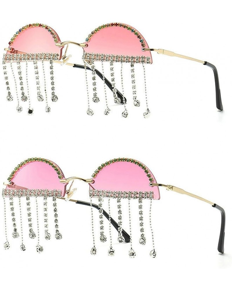 Unique Diamond Tassel Sunglasses Women Cute Half Round Rimless Rhinestone Pendant Party Sun Glasses Eyewear 2pcs Pink+purple ...