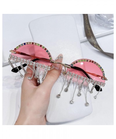 Unique Diamond Tassel Sunglasses Women Cute Half Round Rimless Rhinestone Pendant Party Sun Glasses Eyewear 2pcs Pink+purple ...