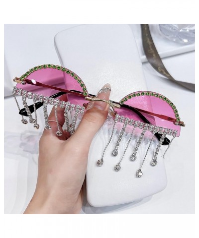 Unique Diamond Tassel Sunglasses Women Cute Half Round Rimless Rhinestone Pendant Party Sun Glasses Eyewear 2pcs Pink+purple ...