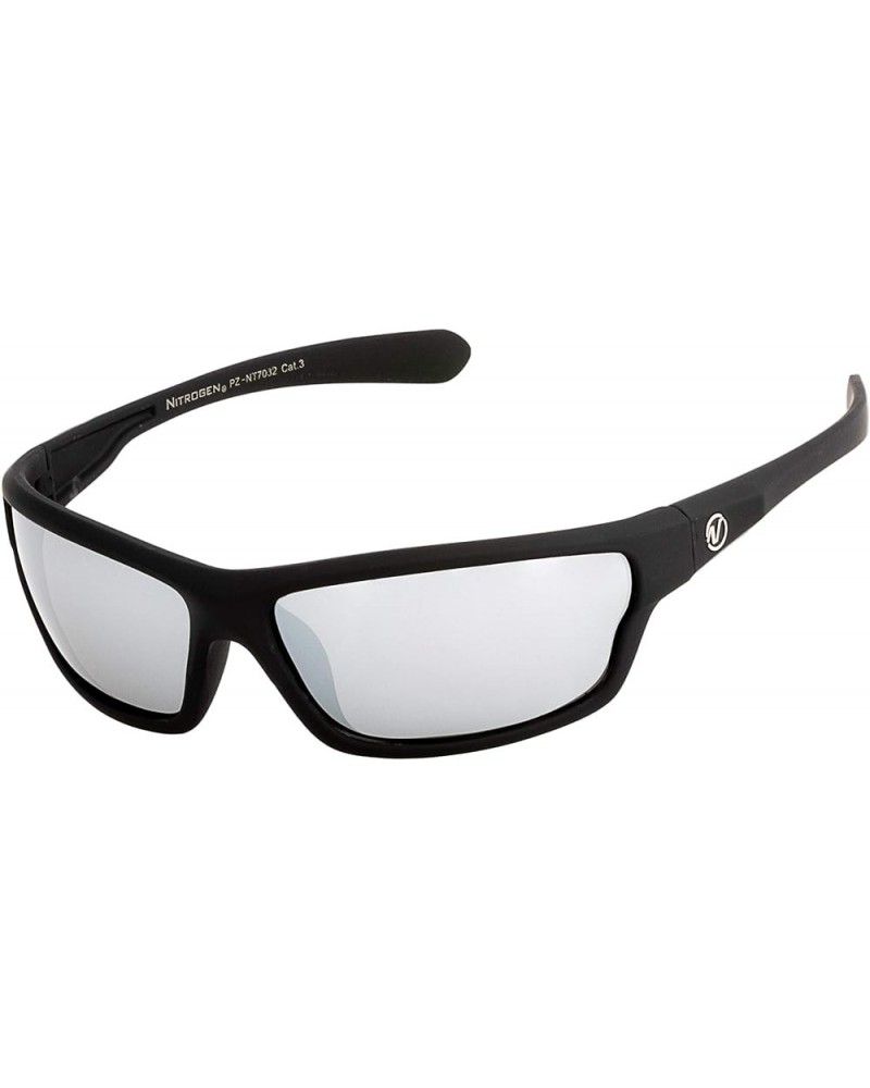 Men's Rectangular Sports Wrap 65mm Polarized Sunglasses Black Matte Rubberized, Silver Mirror Lens Ice Silver Mirror $7.24 Sport