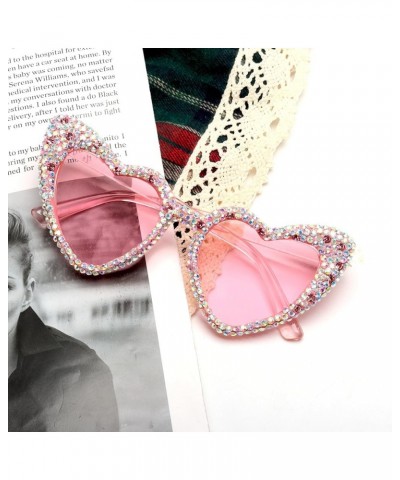 Trendy Rhinestone Love Heart Sunglasses Retro Cat Eye Diamond Sun Glasses Funny Party Outdoor for Women Men Ab Pink $9.76 Des...