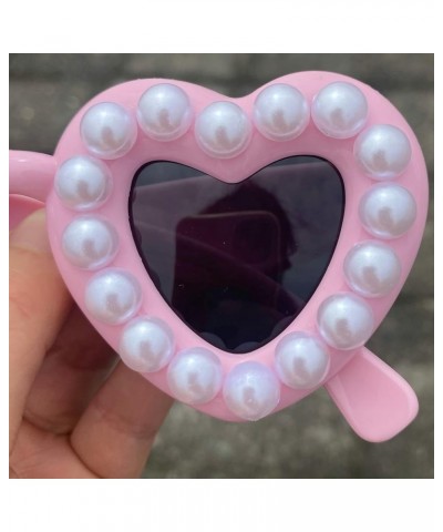 Super Cute bling Pearl Heart Sunglasses Ladies Candy Color Heart Shaped Diamond Sunglasses Party Eyewear for Women Pink $10.0...