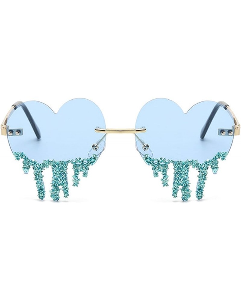 Shiny Rimless Rhinestone Bling Heart Shape Sunglasses Womens Cute Love Diamond bejeweled sunglasses Blue $11.75 Rimless