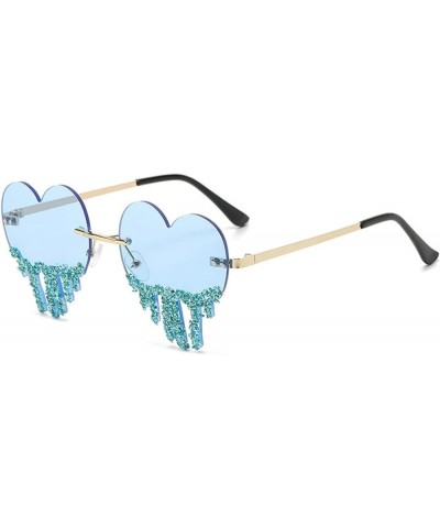 Shiny Rimless Rhinestone Bling Heart Shape Sunglasses Womens Cute Love Diamond bejeweled sunglasses Blue $11.75 Rimless