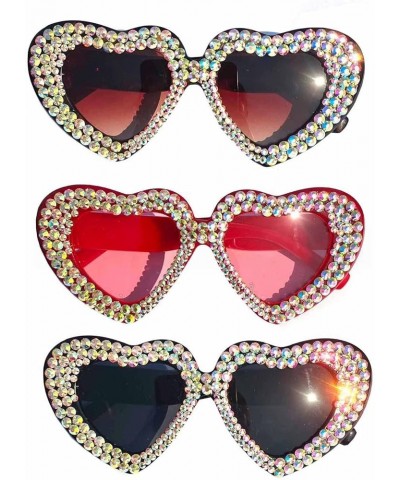 Women Heart bejeweled Sunglasses Fashion Shiny Bling Diamond Sunglasses Pink Rhinestone party Sunglasses 3pcs-black&leopard&r...