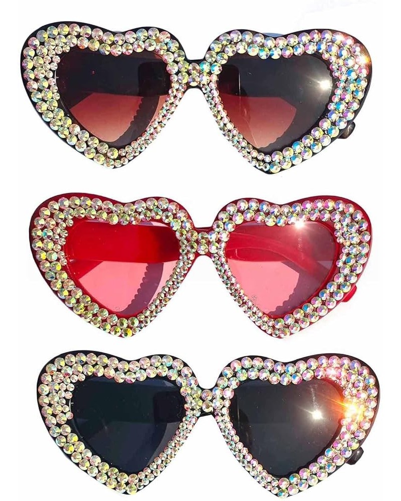 Women Heart bejeweled Sunglasses Fashion Shiny Bling Diamond Sunglasses Pink Rhinestone party Sunglasses 3pcs-black&leopard&r...