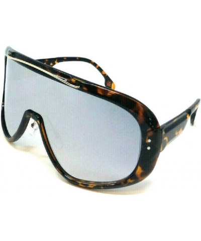 Futuristic Oversized Shield One Piece Lens Wrap Around Sunglasses Tortoise & Gold Frame Silver Mirror Lens $9.66 Oversized