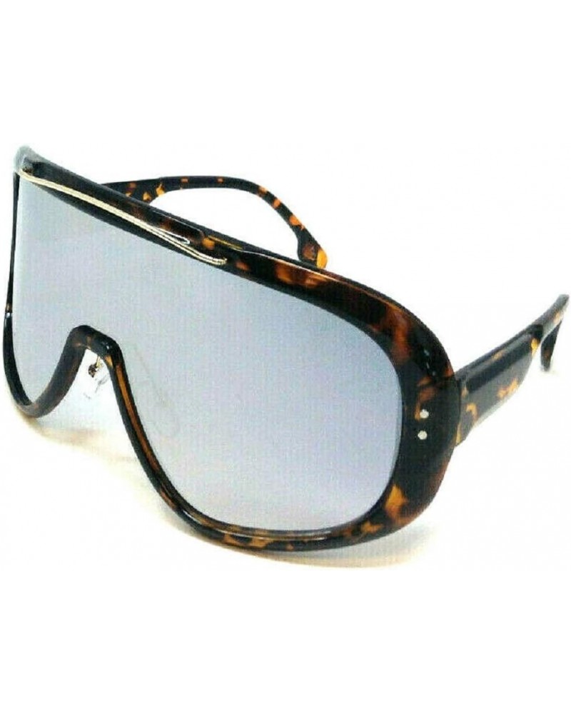 Futuristic Oversized Shield One Piece Lens Wrap Around Sunglasses Tortoise & Gold Frame Silver Mirror Lens $9.66 Oversized