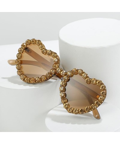 Women Heart Shaped Sunglasses With Rhinestone Candy Color Transparent Heart Glasses For Halloween Party Outdoor Brown $8.31 H...