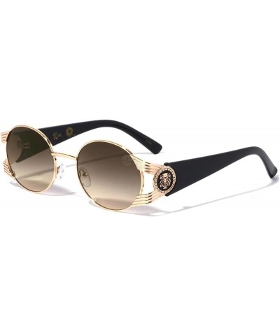 Slim Round Oval Lion Head Medallion Luxury Metal & Plastic Sunglasses Black & Gold Frame - Brown Gradient Lenses $11.73 Round