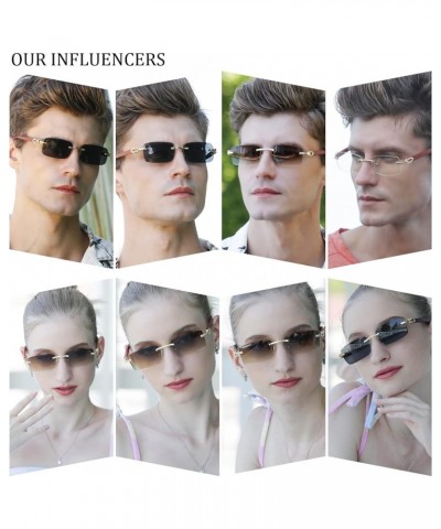 Rimless Rectangle Sunglasses for Men Women Hip-hop Wood Small Square Sunglasses Frameless 70s 90s Shades B6:natural Wood Legs...