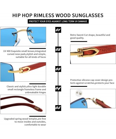 Rimless Rectangle Sunglasses for Men Women Hip-hop Wood Small Square Sunglasses Frameless 70s 90s Shades B6:natural Wood Legs...