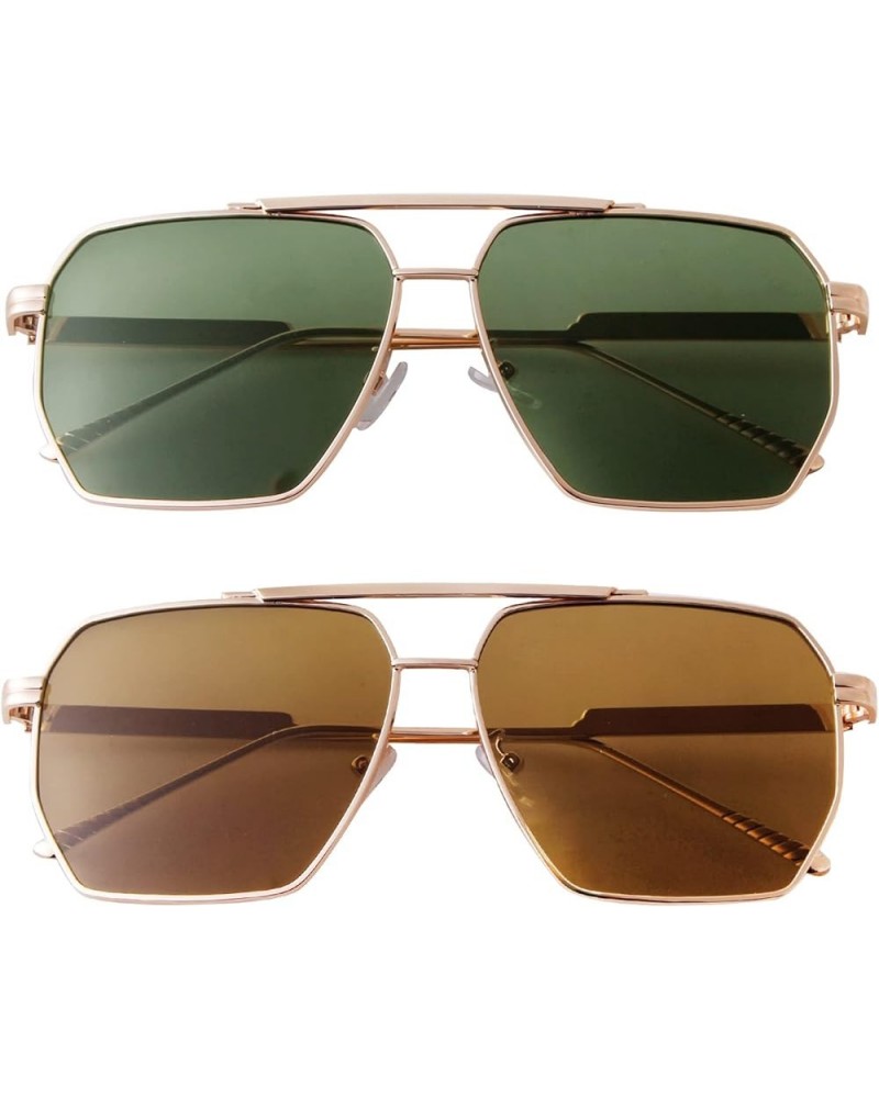 Retro Oversized Square Sunglasses for Women Men Vintage Trendy Shades Fashion Large Metal Sun Glasses 2pc:gold Green+gold Bro...