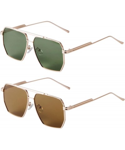 Retro Oversized Square Sunglasses for Women Men Vintage Trendy Shades Fashion Large Metal Sun Glasses 2pc:gold Green+gold Bro...