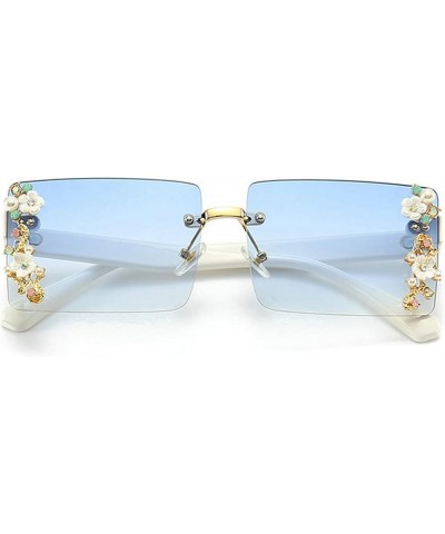 Rimless Sunglasses Women Shiny Crystal Rectangle Sun Glasses Flower Decoration Eyewear Vintage Men Shades UV400 Blue $10.06 R...