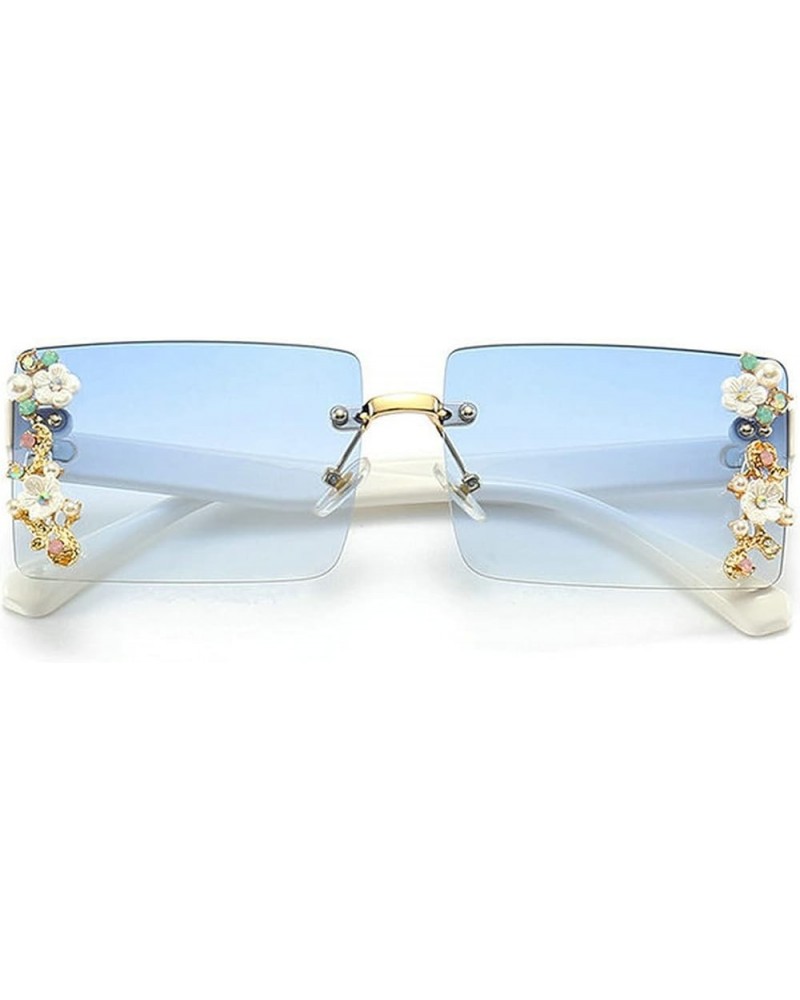 Rimless Sunglasses Women Shiny Crystal Rectangle Sun Glasses Flower Decoration Eyewear Vintage Men Shades UV400 Blue $10.06 R...