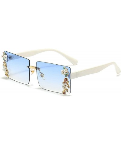 Rimless Sunglasses Women Shiny Crystal Rectangle Sun Glasses Flower Decoration Eyewear Vintage Men Shades UV400 Blue $10.06 R...