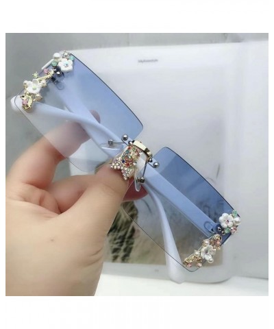 Rimless Sunglasses Women Shiny Crystal Rectangle Sun Glasses Flower Decoration Eyewear Vintage Men Shades UV400 Blue $10.06 R...