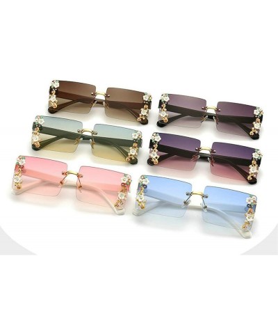 Rimless Sunglasses Women Shiny Crystal Rectangle Sun Glasses Flower Decoration Eyewear Vintage Men Shades UV400 Blue $10.06 R...