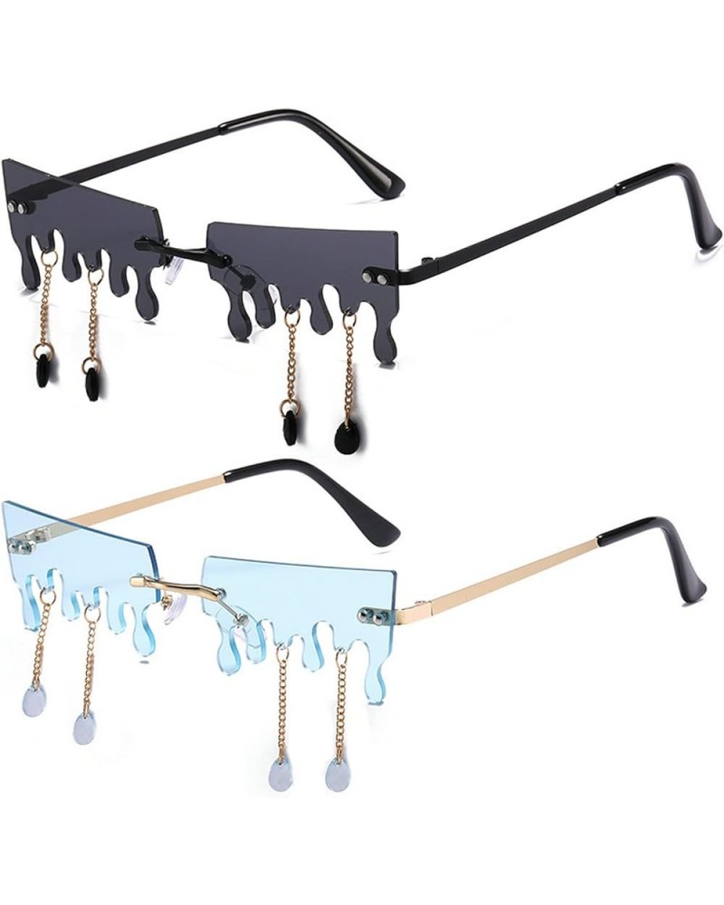 Rectangle Tears Shape Sunglasses Women Retro Rimless Clear Ocean Lens Men Water Drops Pendant Sun Glasses 2pcs-black&blue $10...