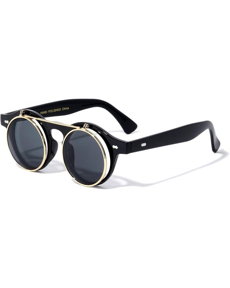 Vintage Flip Up 80's Retro Round Steampunk Circle Sunglasses W-312-FLIP Black Gold $8.09 Round