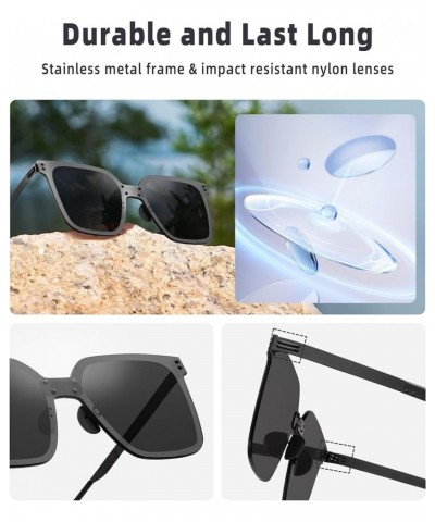 Ultra Lightweight Foldable Polarized Sunglasses - Metal Square Frame Nylon Lens UV Protection Anti-glare Black $18.40 Square