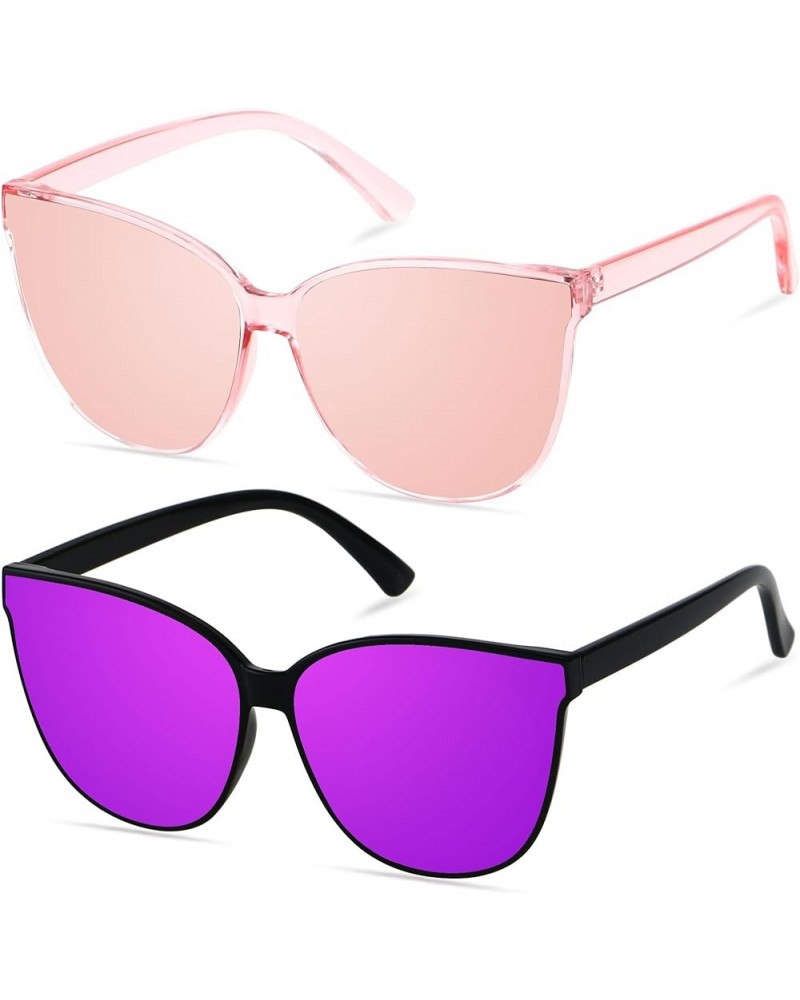 Oversized Cat Eye Sunglasses for Women Big Large Cateye Frame Shades 2 Pack Fashion Vintage Sun glasses (2pack) Mirrored Pink...