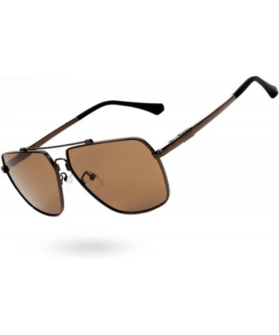 Polarized Square Oversized Aviator Sunglasses for Men UV Protection, Spring Hinge Metal Shades for Driving ZSM0053 D1 Brown F...