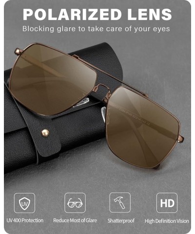 Polarized Square Oversized Aviator Sunglasses for Men UV Protection, Spring Hinge Metal Shades for Driving ZSM0053 D1 Brown F...