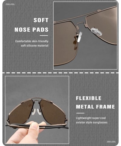 Polarized Square Oversized Aviator Sunglasses for Men UV Protection, Spring Hinge Metal Shades for Driving ZSM0053 D1 Brown F...