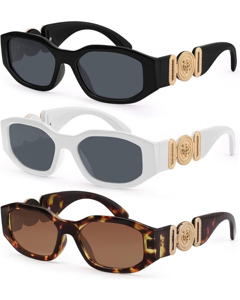 Irregular Rectangle Sunglasses Women Trendy Design UV Protection Small Sun Glasses 3 Pack Black+white+leopard $12.26 Designer