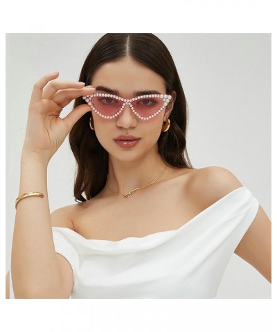 Shiny Pearl Cat Eye Sunglasses For Women Vintage Fashion Luxury Rhinestone Sun Glasses Female Elegant Party Shades Pink $10.4...