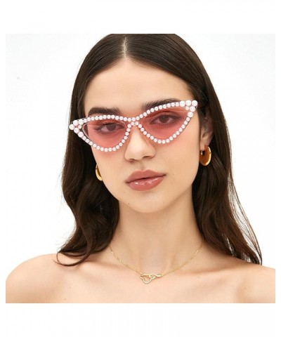 Shiny Pearl Cat Eye Sunglasses For Women Vintage Fashion Luxury Rhinestone Sun Glasses Female Elegant Party Shades Pink $10.4...