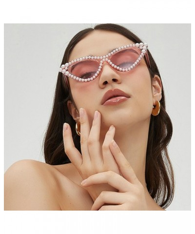 Shiny Pearl Cat Eye Sunglasses For Women Vintage Fashion Luxury Rhinestone Sun Glasses Female Elegant Party Shades Pink $10.4...