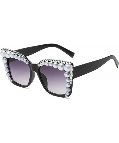 Pearl Sunglasses Women Square Rhinestone Sun Glasses Shades Retro Handmade Female Eyewear Black Gray $11.36 Square