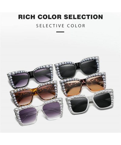 Pearl Sunglasses Women Square Rhinestone Sun Glasses Shades Retro Handmade Female Eyewear Black Gray $11.36 Square