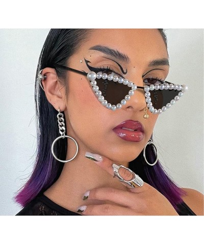 Colorful Pearl Cat Eye Sunglasses Womens Cute Trendy Triangular bling bling Sunglasses Eyewear UV Protective Pink $9.88 Cat Eye