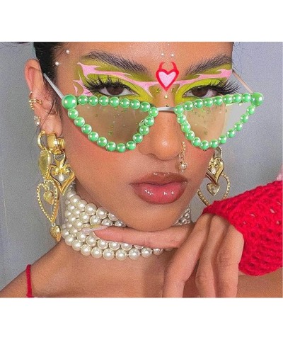 Colorful Pearl Cat Eye Sunglasses Womens Cute Trendy Triangular bling bling Sunglasses Eyewear UV Protective Pink $9.88 Cat Eye