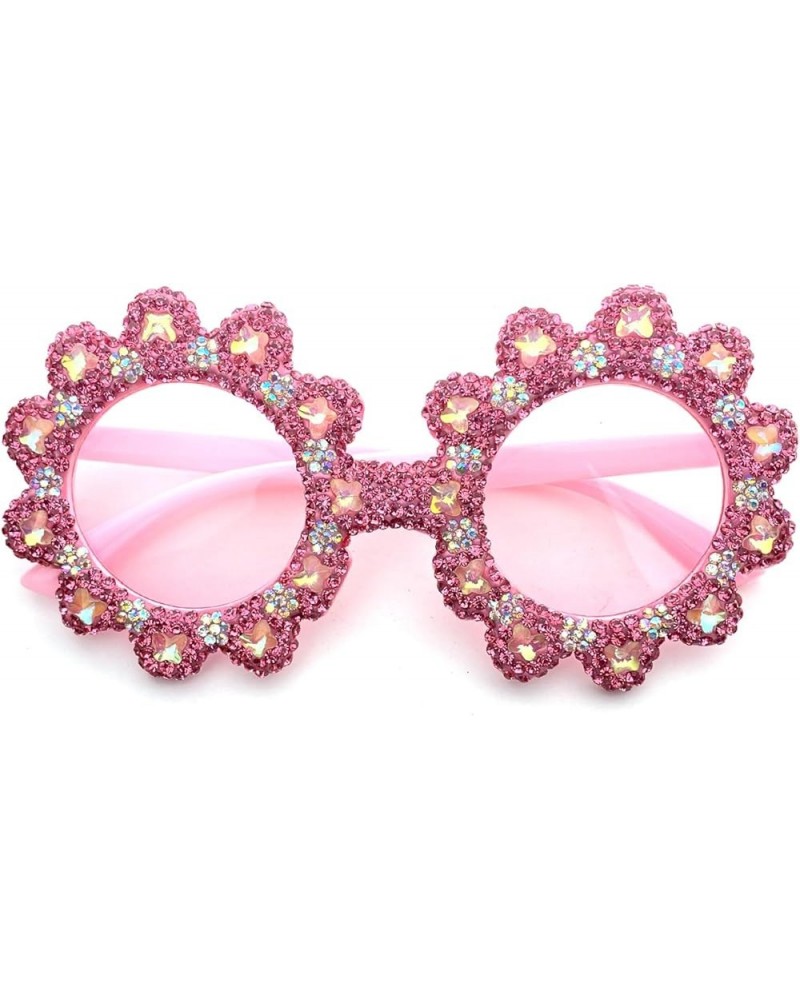 Round Flower Diamond Sunglasses For Women Luxury Candy Color Cute Pink Sun Glasses Bling Party Rhinestone Shades UV400 Pink $...